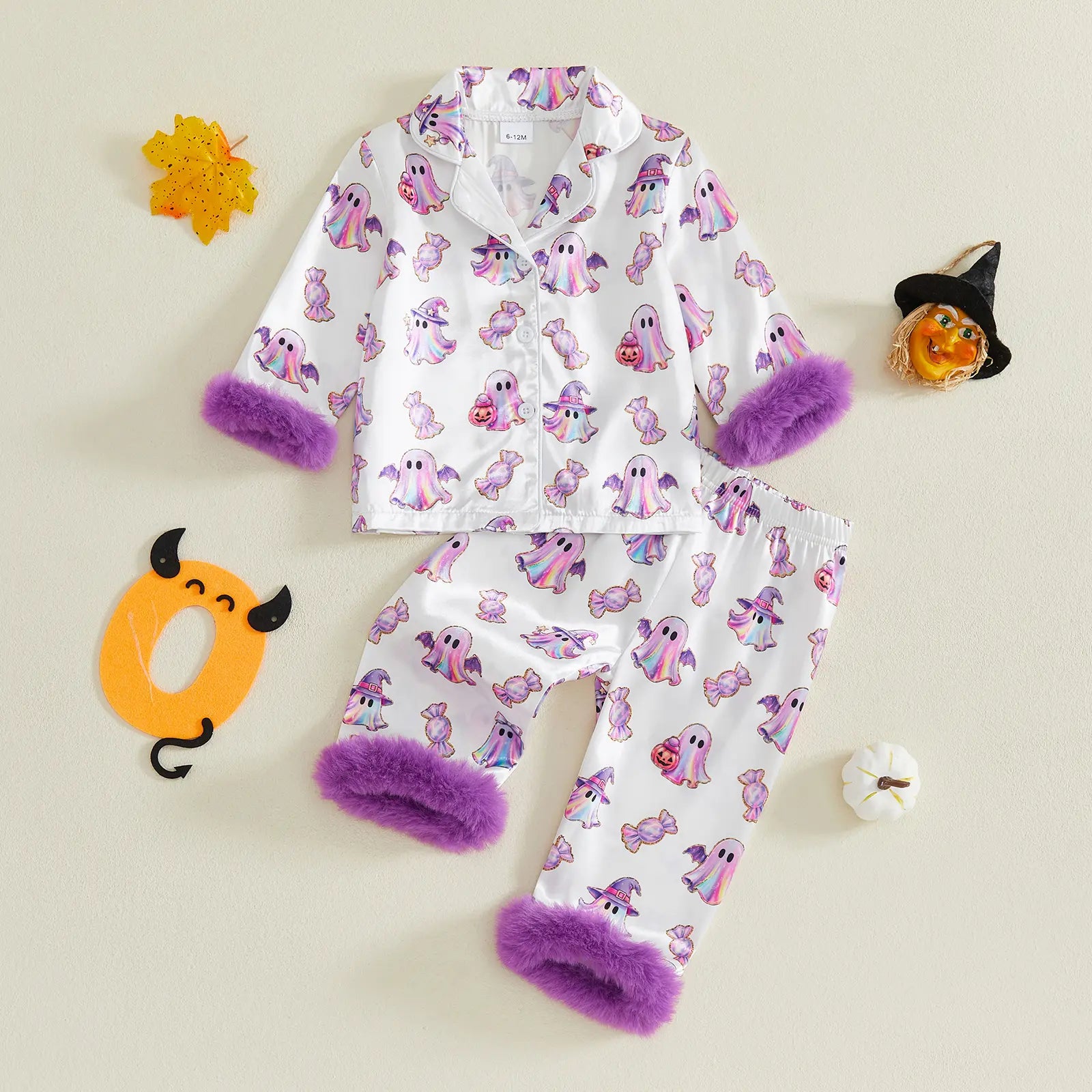 Toddler Halloween Pajamas Baby Girl Pajamas Ghost Print Feather Trim Sleeve Jumpsuit Romper Satin Nightgown Pjs Sleepwear