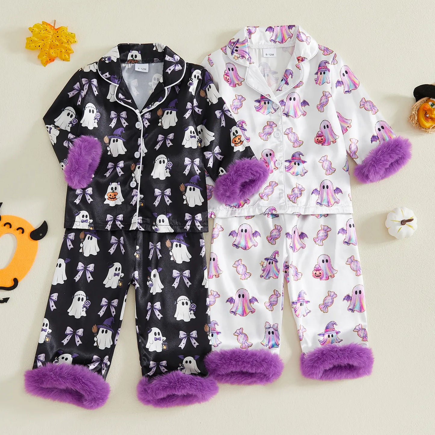 Toddler Halloween Pajamas Baby Girl Pajamas Ghost Print Feather Trim Sleeve Jumpsuit Romper Satin Nightgown Pjs Sleepwear