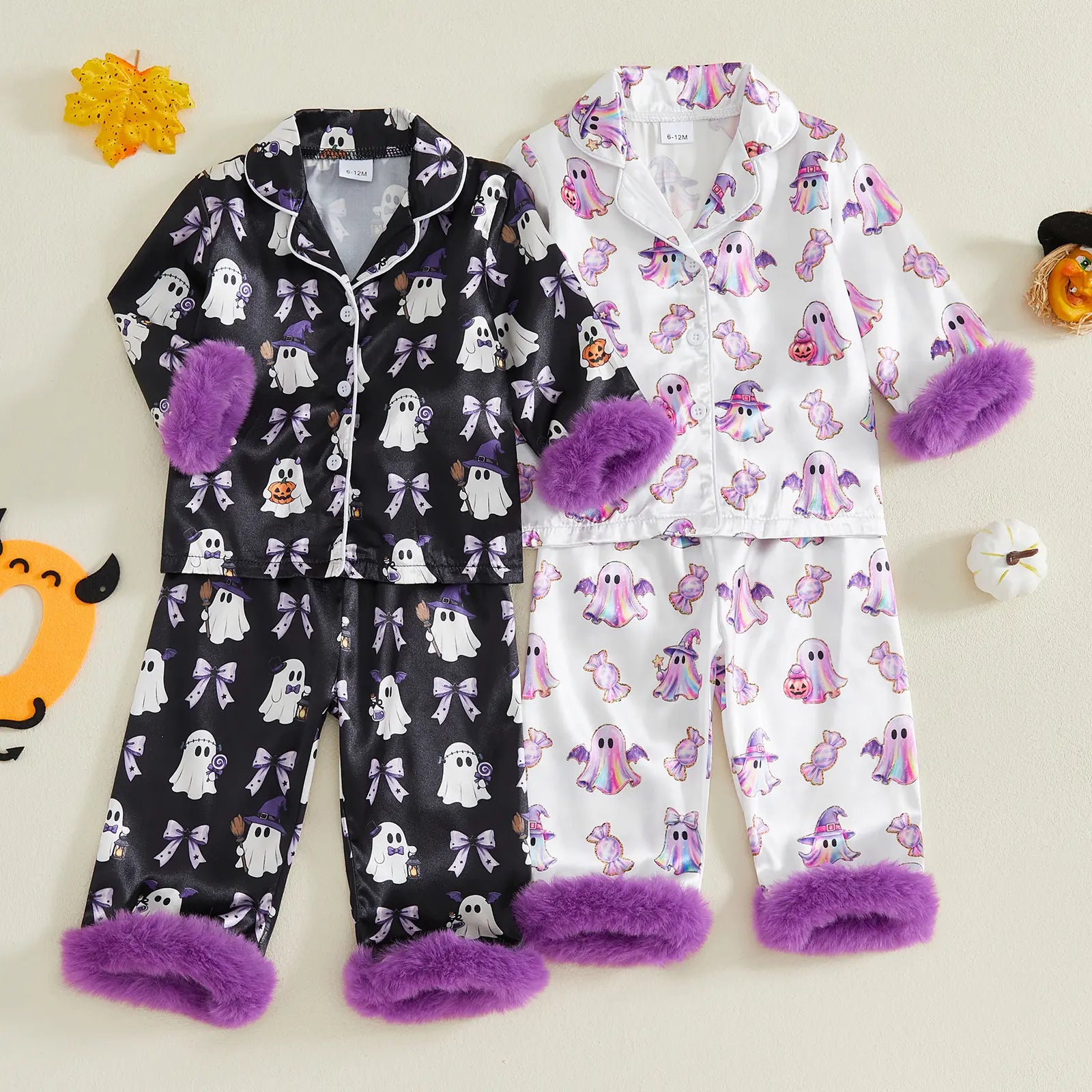 Toddler Halloween Pajamas Baby Girl Pajamas Ghost Print Feather Trim Sleeve Jumpsuit Romper Satin Nightgown Pjs Sleepwear