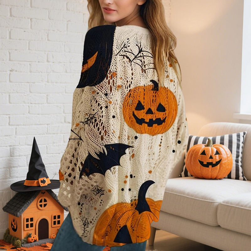 Women'S Diamond Hollow Out Batwing Sleeve Top - Loose Fit Pumpkin Halloween Print Blouse for Spring Summer