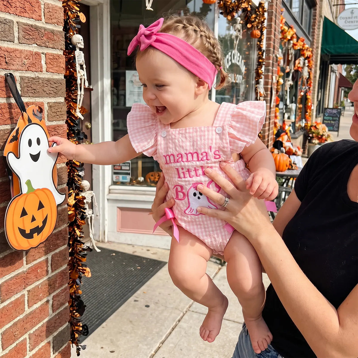 PYBCVRRD Polyester Newborn Baby Girl Halloween Bodysuit - 0-3 Months Plaid+Embroidery, Pumpkin Ghost Design, Flying Sleeves Jumpsuit with Bow Headband