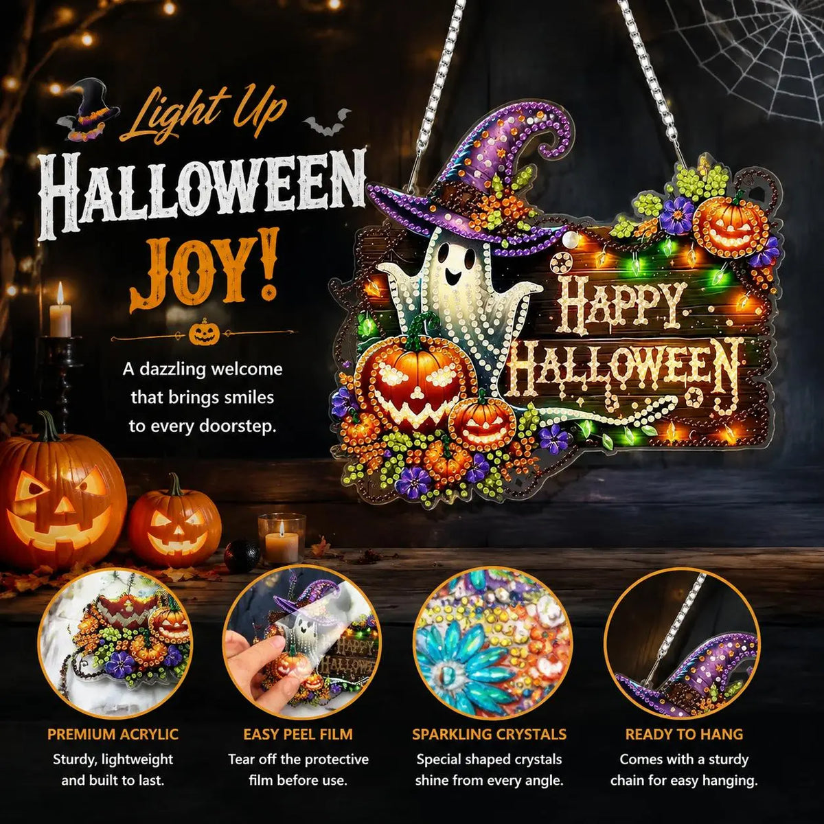9.8In Shiny Halloween Diamond Art Kits Hanging Suncatcher Set, Witch-Black Cat-Ghost Reading-Pumpkin Designs, Acrylic DIY Rhinestone Ornament, Window Wall Decoration Gift for Kids