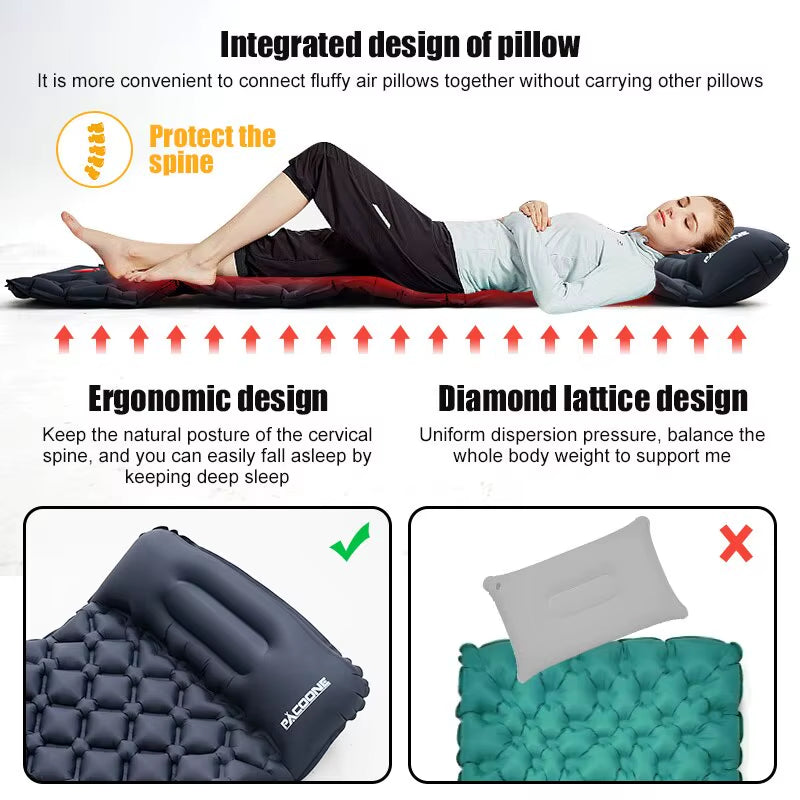 Outdoor Camping Inflatable Mattress Sleeping Pad with Pillows Ultralight Air Mat Built in Inflator Pump Hiking