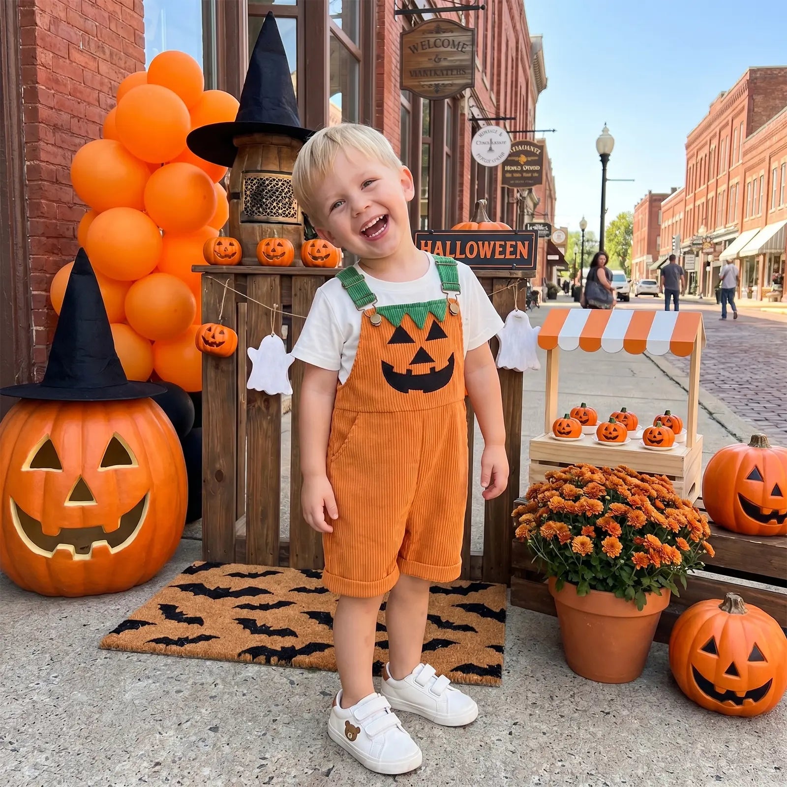 Toddler Corduroy Overalls with Suspenders, Pockets, 2 Ghost/Pumpkin Motifs - Soft Thick Wale, Boy Jumpsuit for Family Gathering, Kindergarten Party Costume