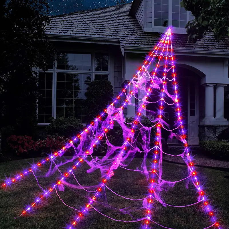 Glowing Spider Web Lights - Purple, Orange LED with Timer Function, Halloween Aesthetic Spooky Lights for Outdoor Decor, Yard, Lawn, Porch, Garden Indoor Setup