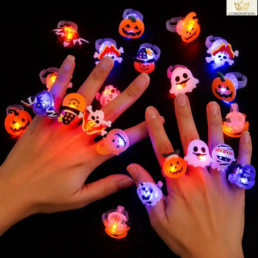 50PCS Colorful Lightweight Halloween LED Light-Up Rings, Cute Spooky Pumpkin & Skull Glow Toys, Halloween Party Favors for Kids, Trick-Or-Treat Accessories, Classroom Gift Exchange Supplies, Festive Decor