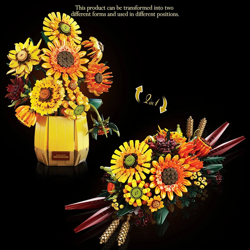 Van Gogh Sunflowers 1328Pcs Building Blocks with Vase, Art Building Toys, DIY Flower Bouquet Home Decor, Gift Ideas Women Girls
