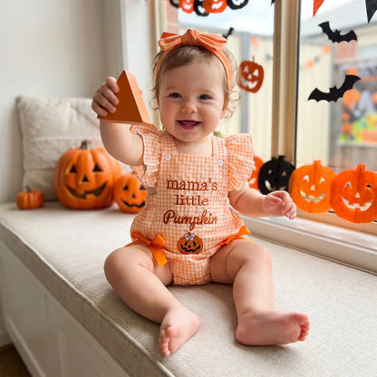 PYBCVRRD Polyester Newborn Baby Girl Halloween Bodysuit - 0-3 Months Plaid+Embroidery, Pumpkin Ghost Design, Flying Sleeves Jumpsuit with Bow Headband