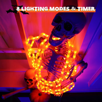 Flacchi Outdoor Halloween Chain Lights (Solar/Battery) 160 Leds. Waterproof Plastic, 8 Lighting Modes. Perfect Spooky Hanging Decor for Halloween Parties, Bushes, Fences, and Patios. Orange/Purple