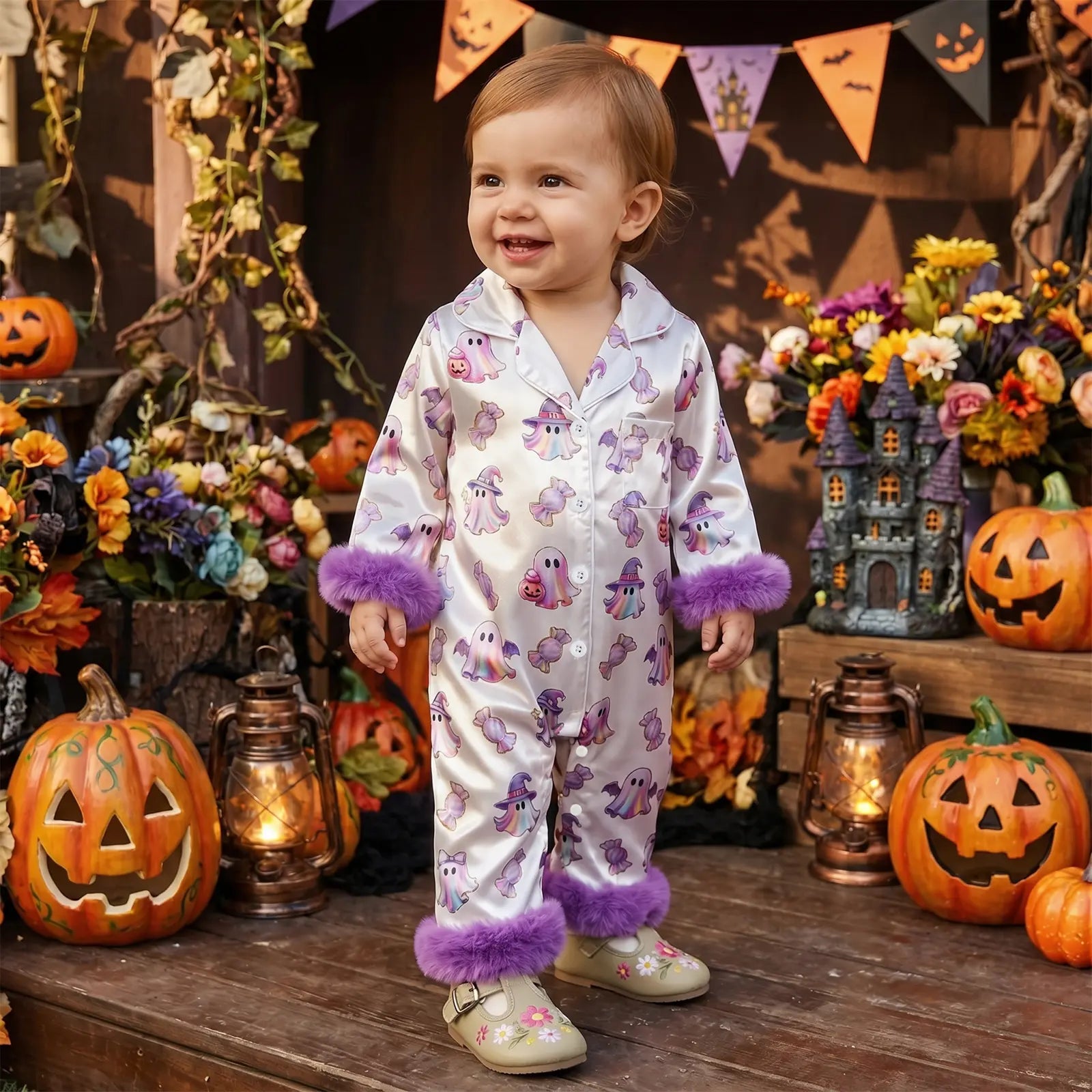 Toddler Halloween Pajamas Baby Girl Pajamas Ghost Print Feather Trim Sleeve Jumpsuit Romper Satin Nightgown Pjs Sleepwear
