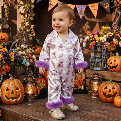 Toddler Halloween Pajamas Baby Girl Pajamas Ghost Print Feather Trim Sleeve Jumpsuit Romper Satin Nightgown Pjs Sleepwear
