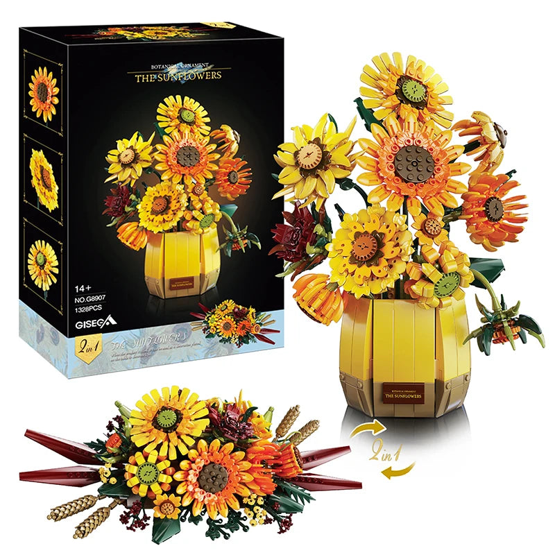 Van Gogh Sunflowers 1328Pcs Building Blocks with Vase, Art Building Toys, DIY Flower Bouquet Home Decor, Gift Ideas Women Girls