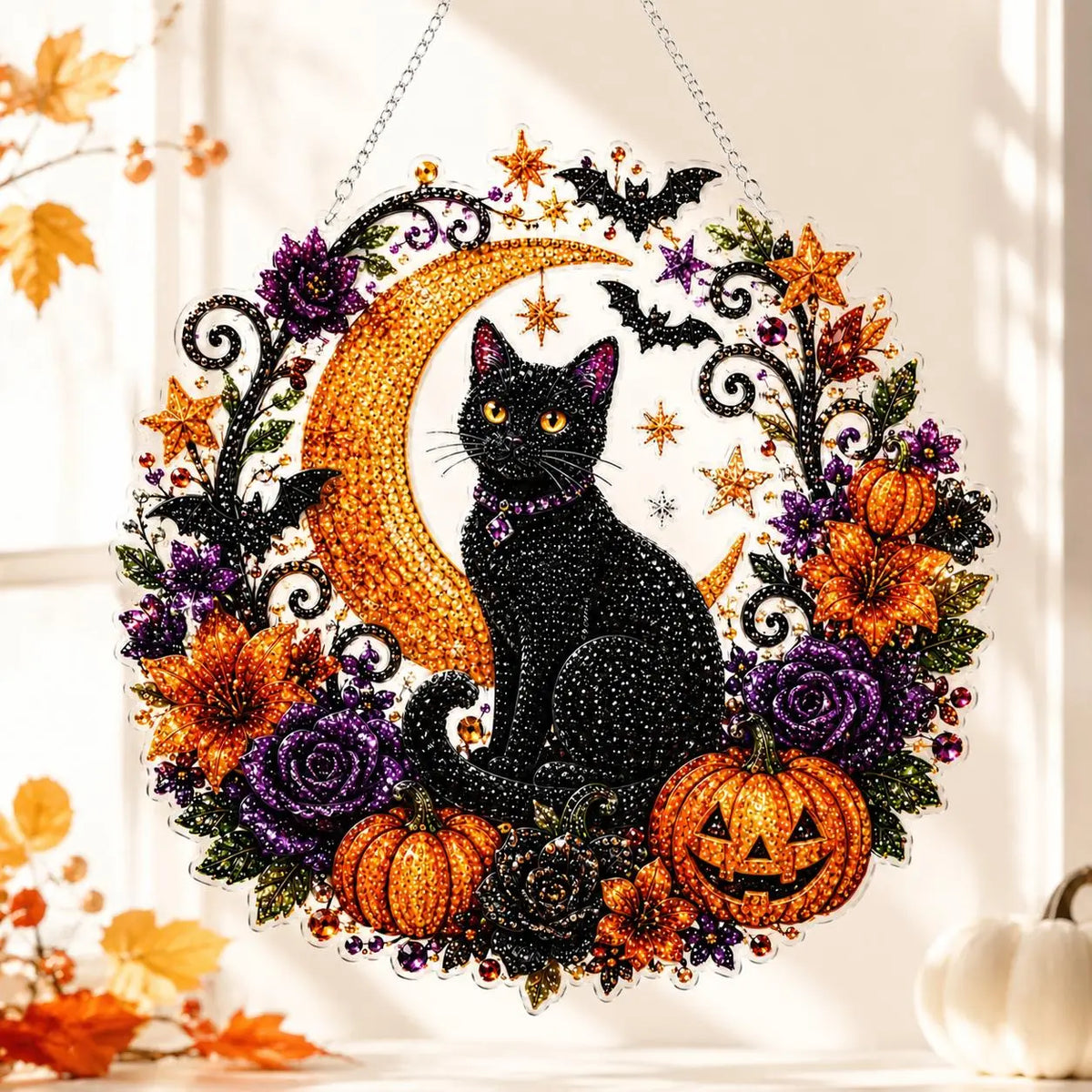 9.8In Shiny Halloween Diamond Art Kits Hanging Suncatcher Set, Witch-Black Cat-Ghost Reading-Pumpkin Designs, Acrylic DIY Rhinestone Ornament, Window Wall Decoration Gift for Kids