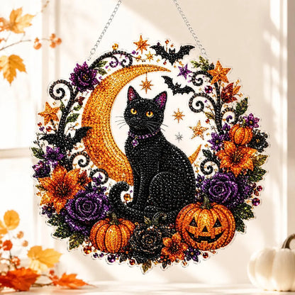 9.8In Shiny Halloween Diamond Art Kits Hanging Suncatcher Set, Witch-Black Cat-Ghost Reading-Pumpkin Designs, Acrylic DIY Rhinestone Ornament, Window Wall Decoration Gift for Kids