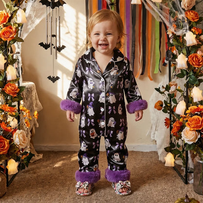 Toddler Halloween Pajamas Baby Girl Pajamas Ghost Print Feather Trim Sleeve Jumpsuit Romper Satin Nightgown Pjs Sleepwear