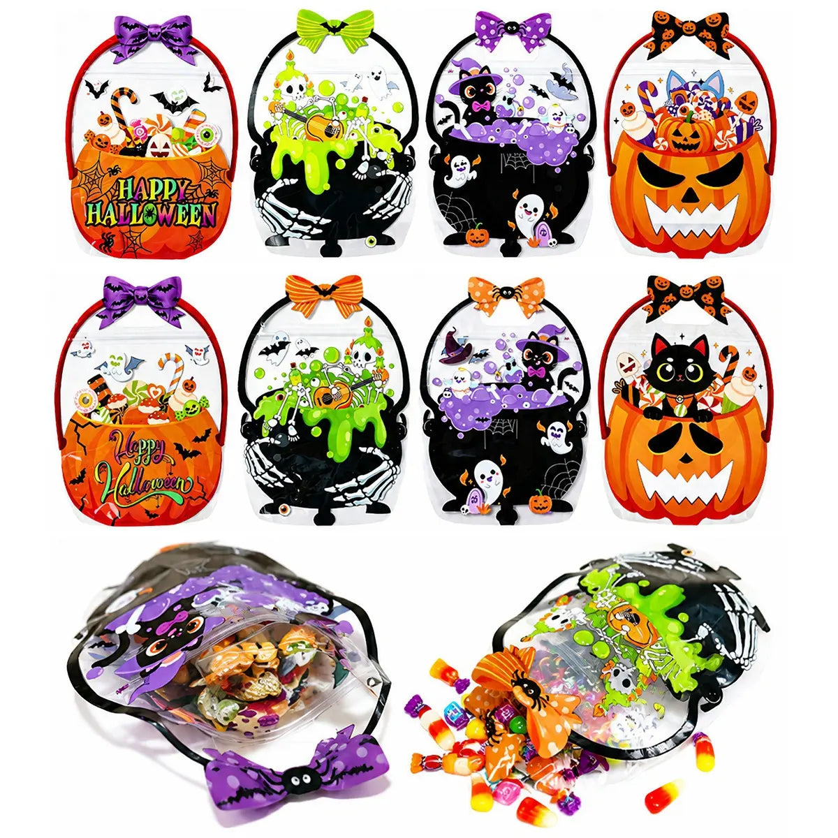20 Pcs Halloween Gift Bags, Plastic Candy Bags, Trick or Treat Bags with Handle,Featuring Cauldron and Pumpkin Designs. Ideal for Students, Teachers, and Neighbors, Perfect for Storing Classroom Snacks and as Party Favors at Halloween Birthday Parties