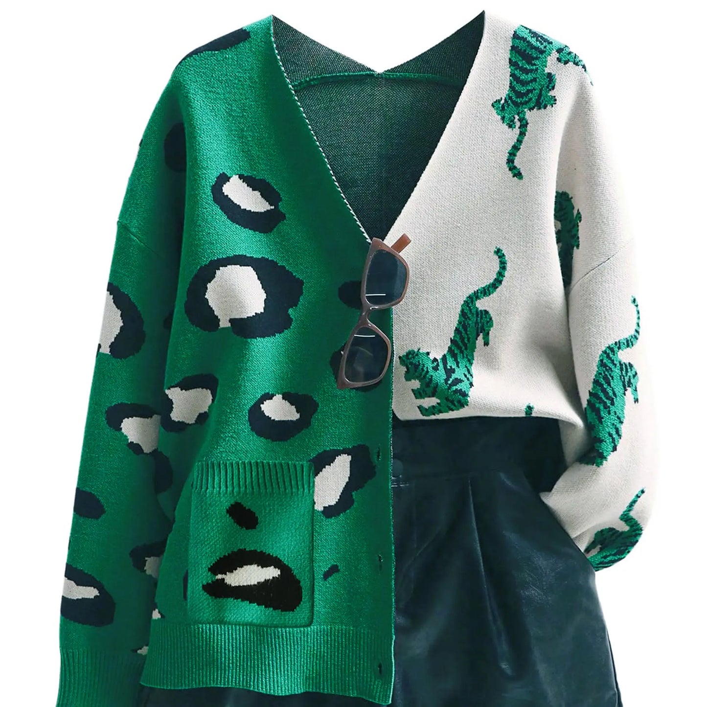 Women'S Oversized V-Neck Chunky Knit Long-Sleeve Basic Cardigan - Drop Shoulder, Button Front, Color-Block Animal Print, Soft Loose Work & Cozy Recovery Loungewear