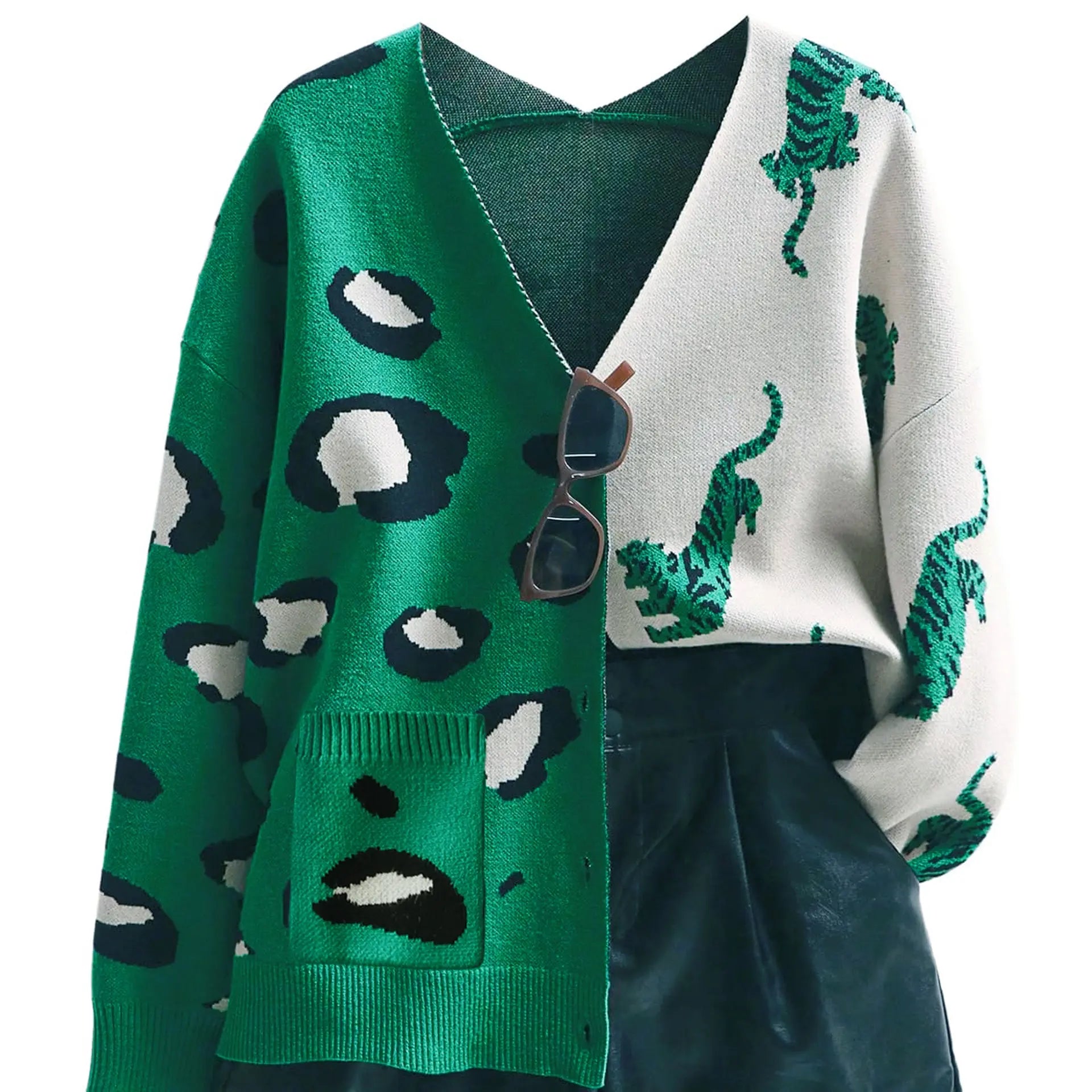 Women'S Oversized V-Neck Chunky Knit Long-Sleeve Basic Cardigan - Drop Shoulder, Button Front, Color-Block Animal Print, Soft Loose Work & Cozy Recovery Loungewear