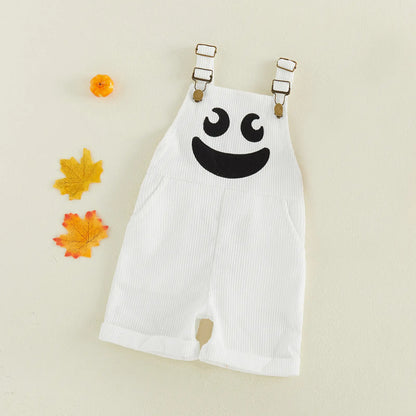 Toddler Corduroy Overalls with Suspenders, Pockets, 2 Ghost/Pumpkin Motifs - Soft Thick Wale, Boy Jumpsuit for Family Gathering, Kindergarten Party Costume