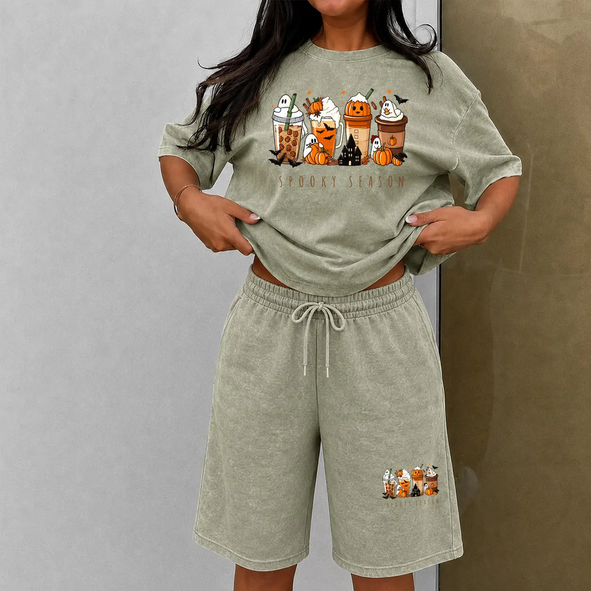 Women'S T-Shirt + Knee-Length Shorts Washed Cotton Shorts Two-Piece Set a Uniquely Styled Halloween Ghost-Themed Party Outfit. Featuring Dachshund in a Halloween Costume Patterns, and Pumpkin Designs. Also Suitable as Casual Summer Loungewear,Sohochic