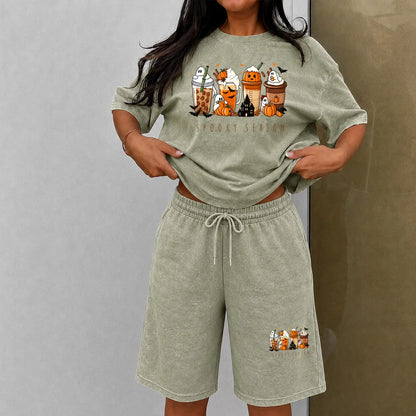 Women'S T-Shirt + Knee-Length Shorts Washed Cotton Shorts Two-Piece Set a Uniquely Styled Halloween Ghost-Themed Party Outfit. Featuring Dachshund in a Halloween Costume Patterns, and Pumpkin Designs. Also Suitable as Casual Summer Loungewear,Sohochic