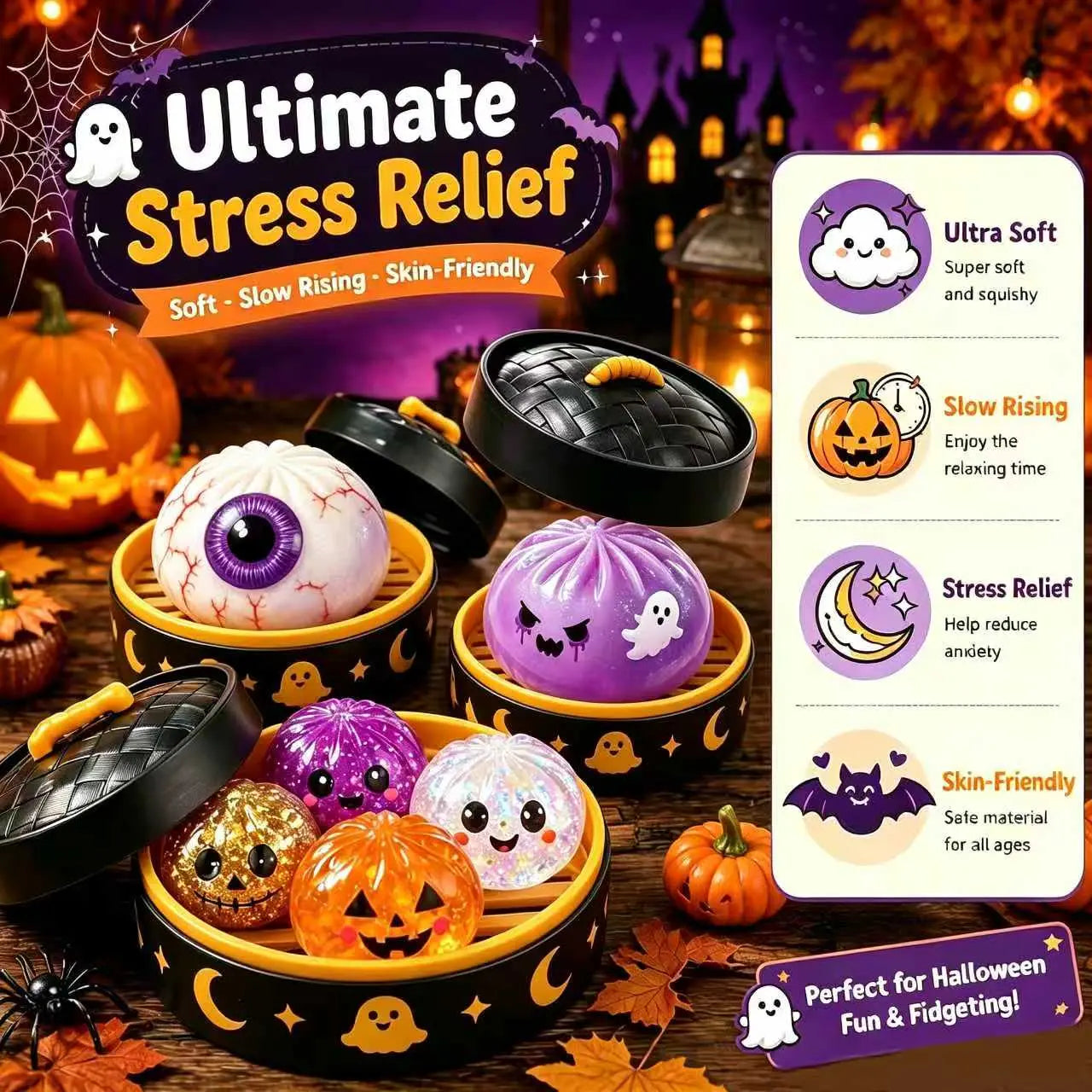 Halloween Cute Scary Ghost Maruko Squishy Squeeze Toy Set - Mini Portable Stress Fidget Item, Squishy Haul Sensory Kids Toy, Unique Whimsical Party Treat Bag Filler & Whimsical Gift, Fidgets