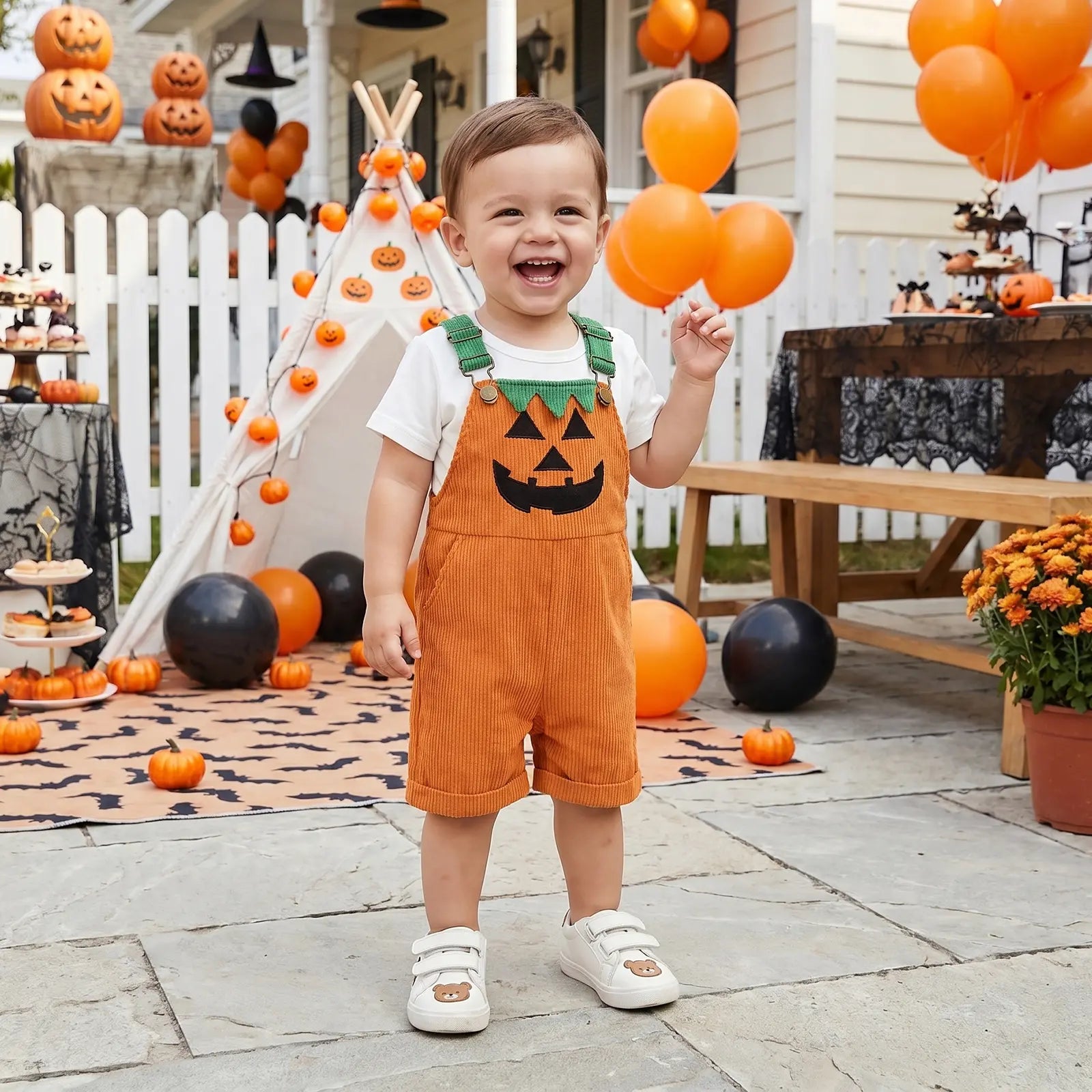 Toddler Corduroy Overalls with Suspenders, Pockets, 2 Ghost/Pumpkin Motifs - Soft Thick Wale, Boy Jumpsuit for Family Gathering, Kindergarten Party Costume