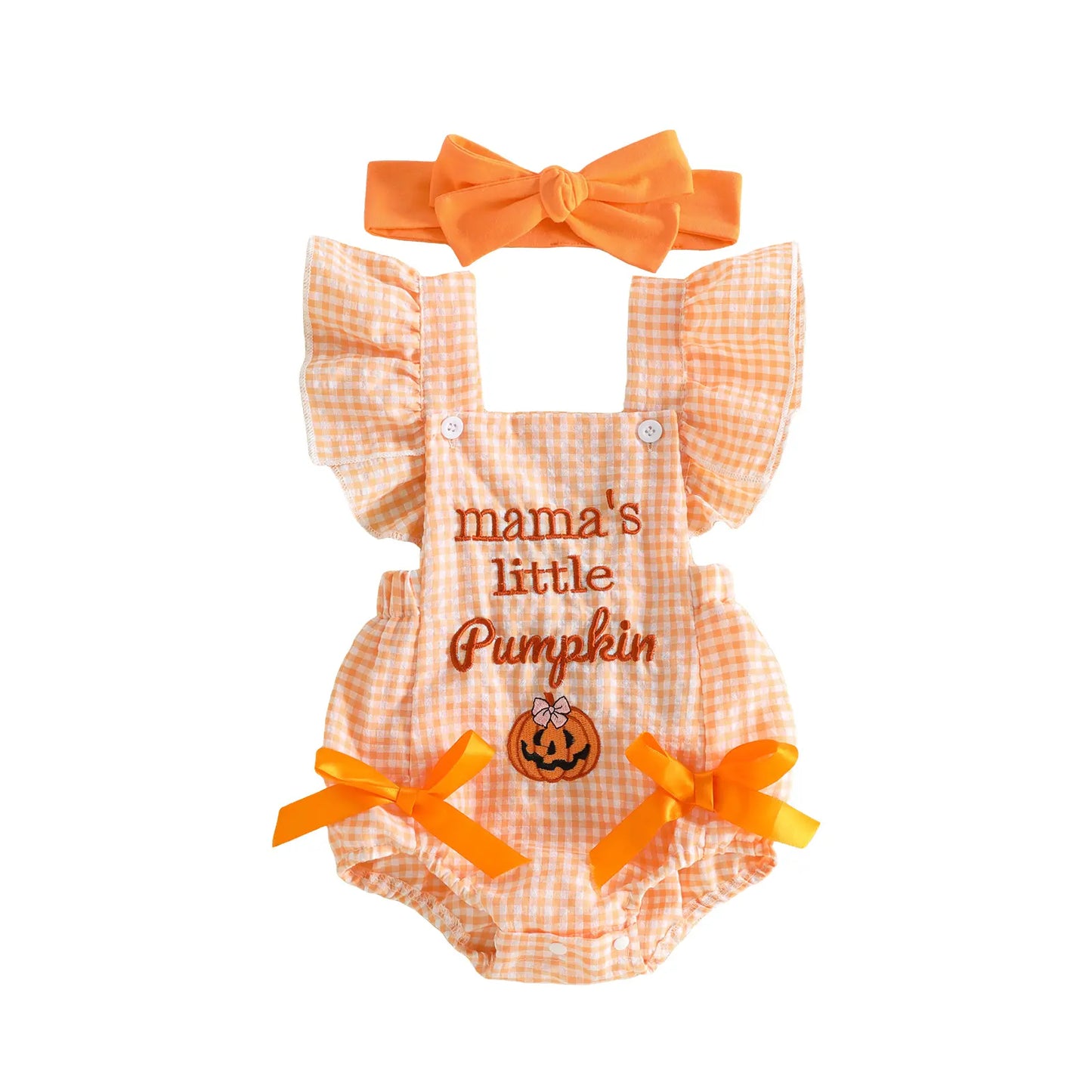 PYBCVRRD Polyester Newborn Baby Girl Halloween Bodysuit - 0-3 Months Plaid+Embroidery, Pumpkin Ghost Design, Flying Sleeves Jumpsuit with Bow Headband