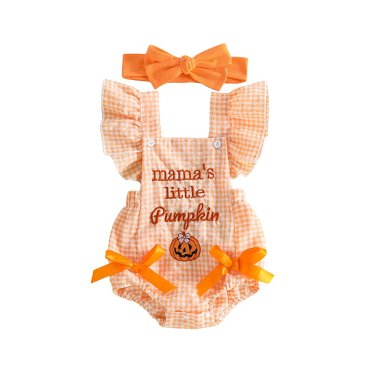 PYBCVRRD Polyester Newborn Baby Girl Halloween Bodysuit - 0-3 Months Plaid+Embroidery, Pumpkin Ghost Design, Flying Sleeves Jumpsuit with Bow Headband