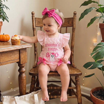 PYBCVRRD Polyester Newborn Baby Girl Halloween Bodysuit - 0-3 Months Plaid+Embroidery, Pumpkin Ghost Design, Flying Sleeves Jumpsuit with Bow Headband