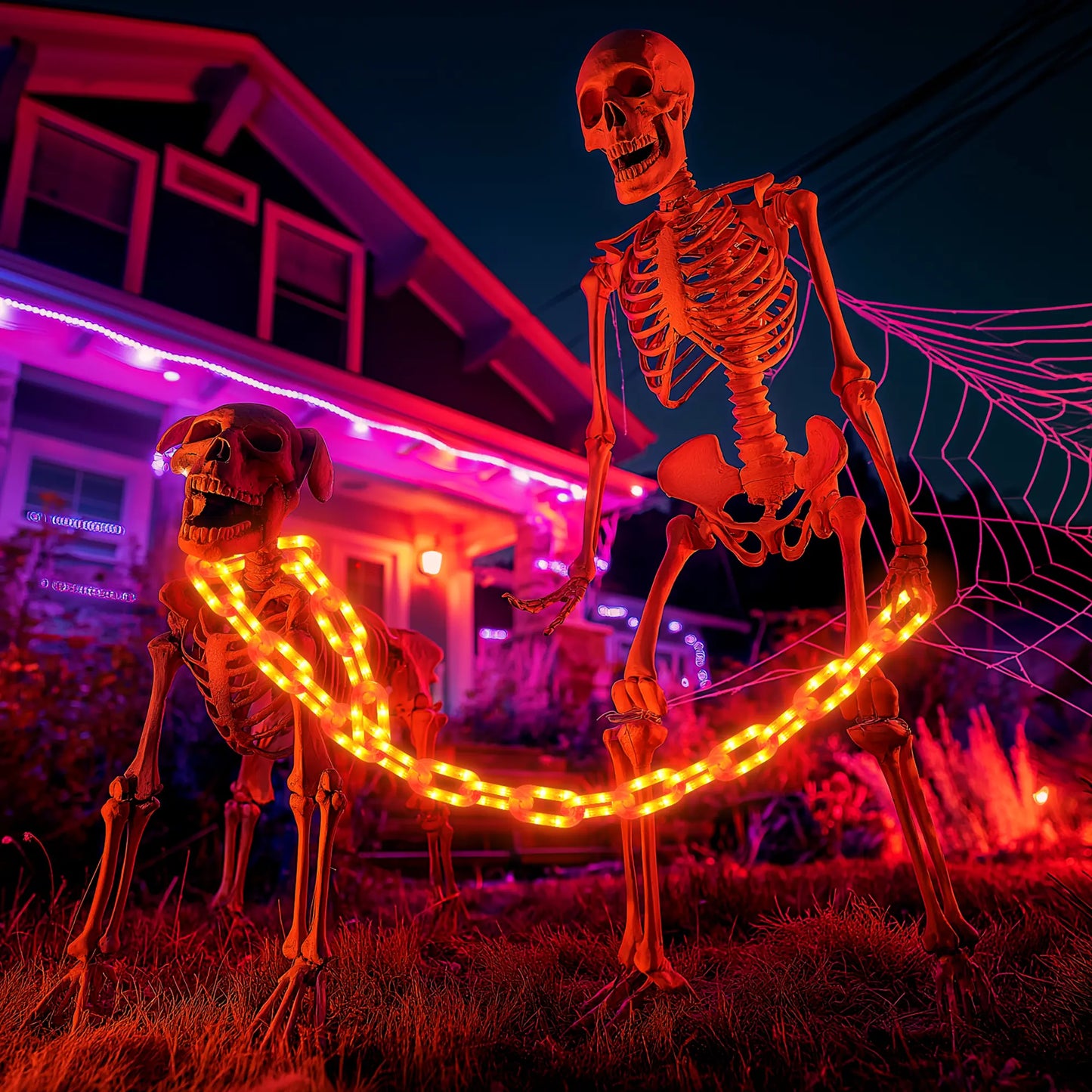 Flacchi Outdoor Halloween Chain Lights (Solar/Battery) 160 Leds. Waterproof Plastic, 8 Lighting Modes. Perfect Spooky Hanging Decor for Halloween Parties, Bushes, Fences, and Patios. Orange/Purple