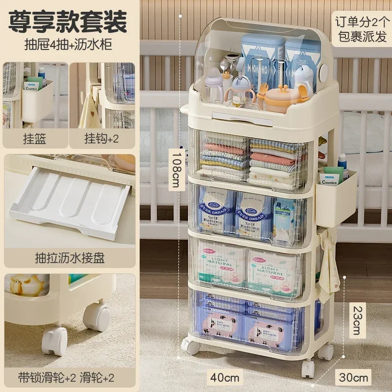 Baby Product Storage Rackmobile Stroller Organizerbottle and Tableware Drainage Boxdustproof Storage Cabinet for Baby Essentials