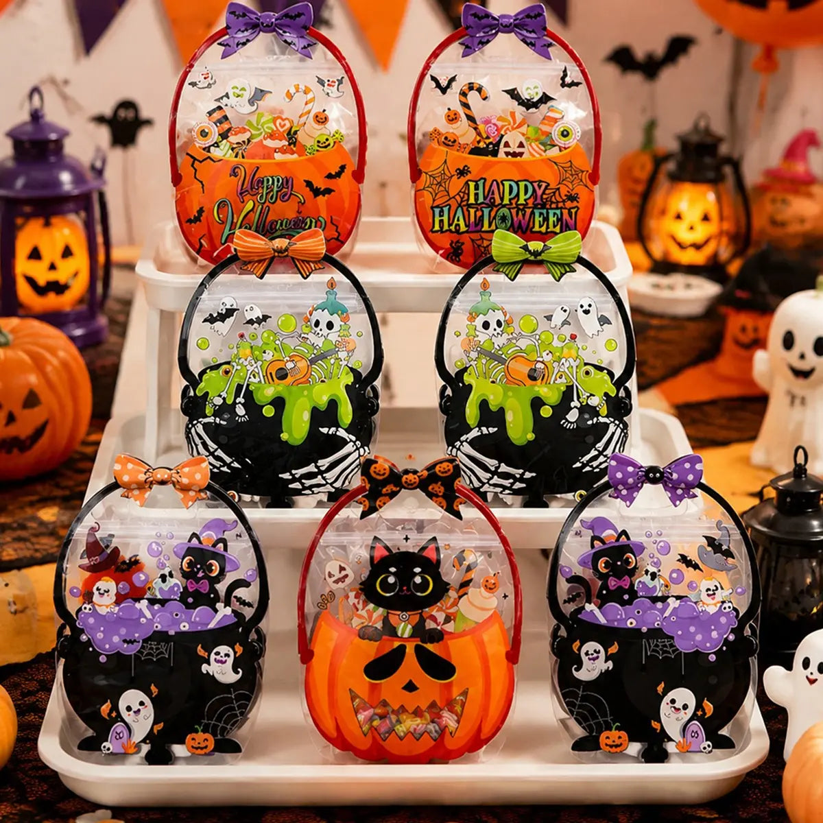 20 Pcs Halloween Gift Bags, Plastic Candy Bags, Trick or Treat Bags with Handle,Featuring Cauldron and Pumpkin Designs. Ideal for Students, Teachers, and Neighbors, Perfect for Storing Classroom Snacks and as Party Favors at Halloween Birthday Parties