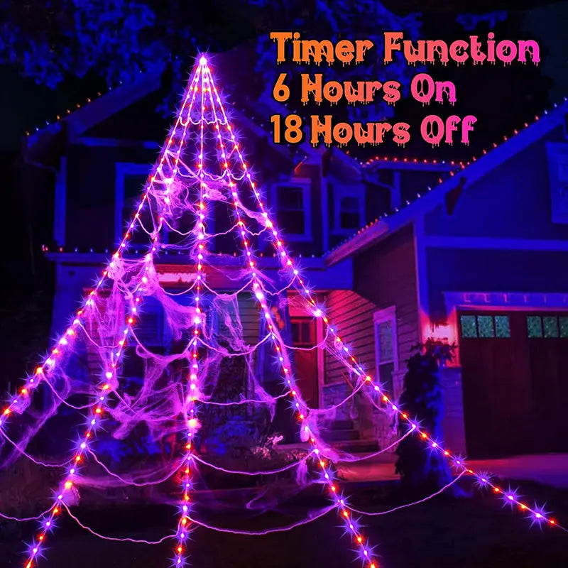 Glowing Spider Web Lights - Purple, Orange LED with Timer Function, Halloween Aesthetic Spooky Lights for Outdoor Decor, Yard, Lawn, Porch, Garden Indoor Setup
