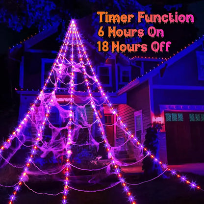 Glowing Spider Web Lights - Purple, Orange LED with Timer Function, Halloween Aesthetic Spooky Lights for Outdoor Decor, Yard, Lawn, Porch, Garden Indoor Setup
