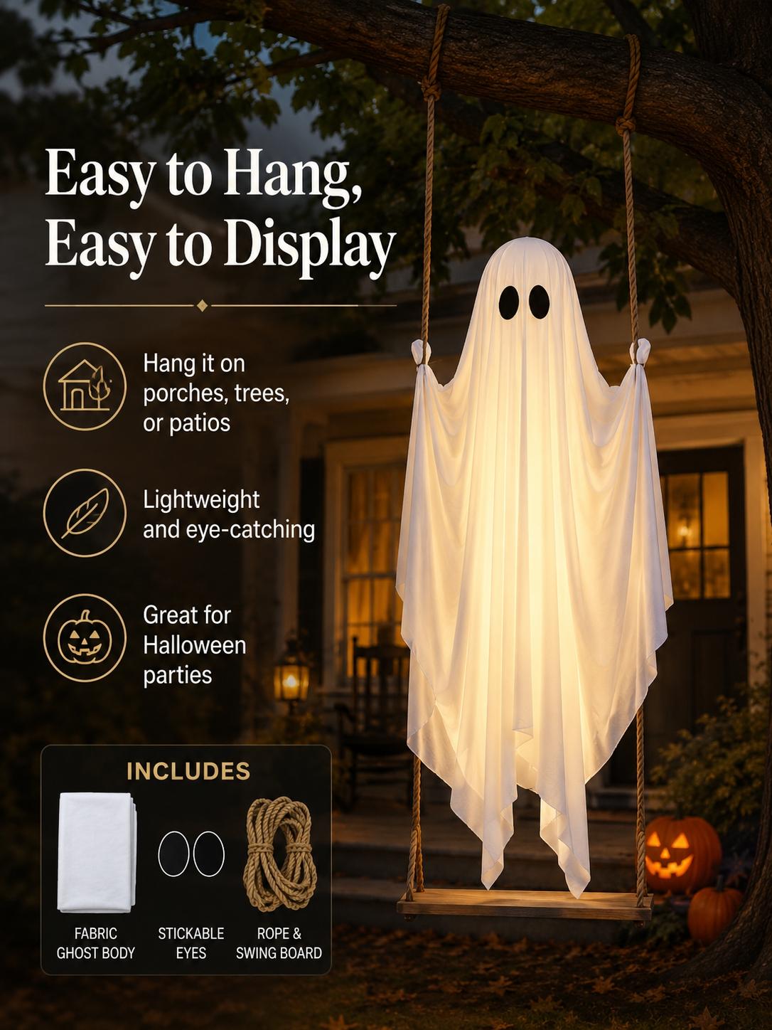 Large Halloween Hanging Swing Ghost Decoration, LED Lights with Remote Control for Outdoor Yard & Tree Hanging, Halloween Party Decor — product image 2