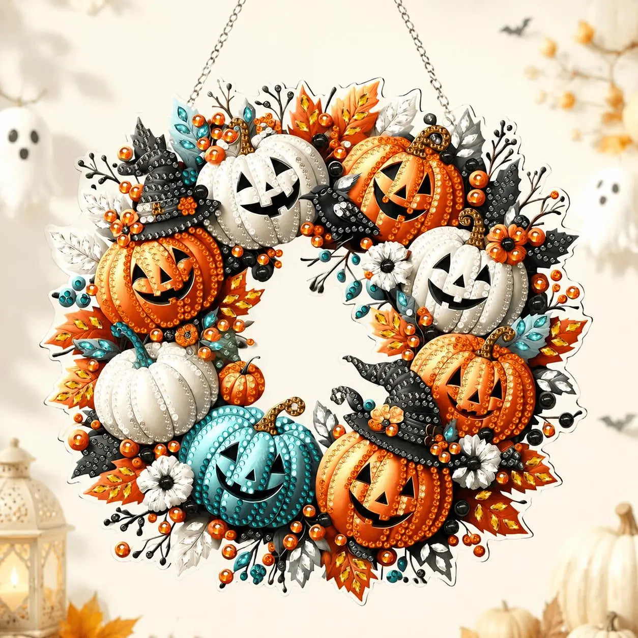 9.8In Shiny Halloween Diamond Art Kits Hanging Suncatcher Set, Witch-Black Cat-Ghost Reading-Pumpkin Designs, Acrylic DIY Rhinestone Ornament, Window Wall Decoration Gift for Kids