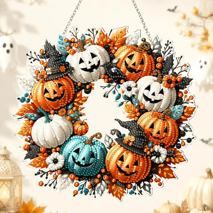 9.8In Shiny Halloween Diamond Art Kits Hanging Suncatcher Set, Witch-Black Cat-Ghost Reading-Pumpkin Designs, Acrylic DIY Rhinestone Ornament, Window Wall Decoration Gift for Kids
