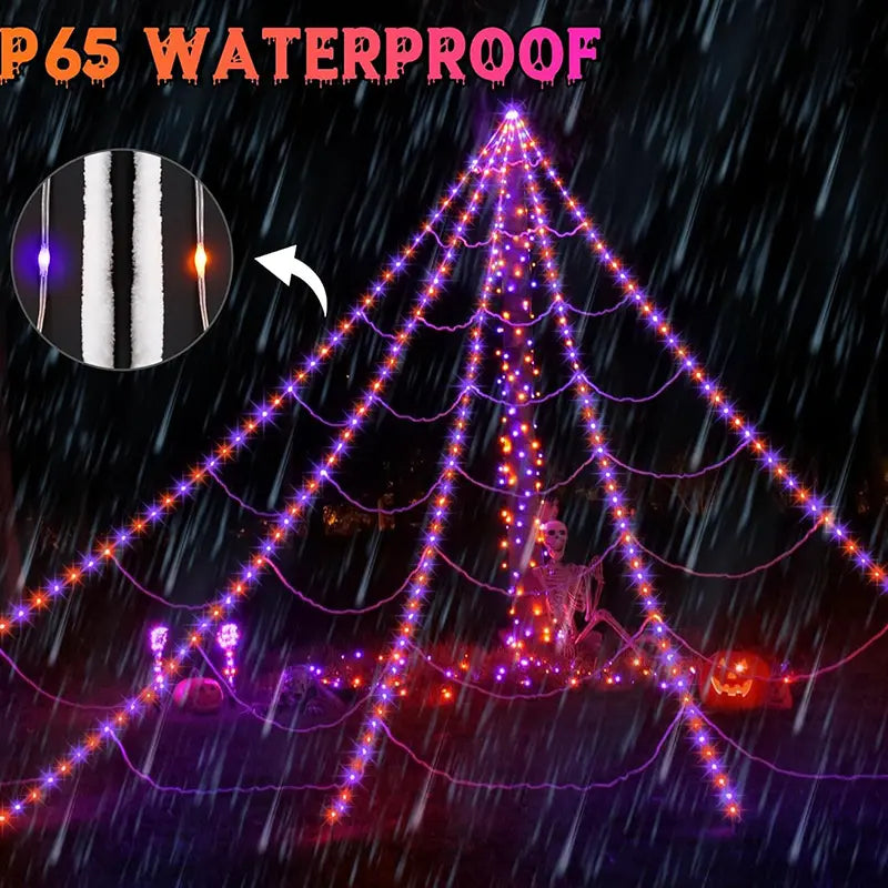 Glowing Spider Web Lights - Purple, Orange LED with Timer Function, Halloween Aesthetic Spooky Lights for Outdoor Decor, Yard, Lawn, Porch, Garden Indoor Setup