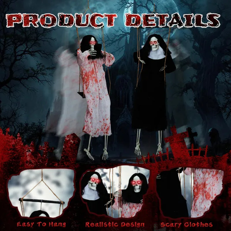 Outdoor Halloween Decorations 2 Packs Hanging Ghosts Decor with Lighted up Eyes and Horror Scream, 3Ft Scary Grim Reaper Swinging Ghost Flying for Yard Patio Lawn Garden