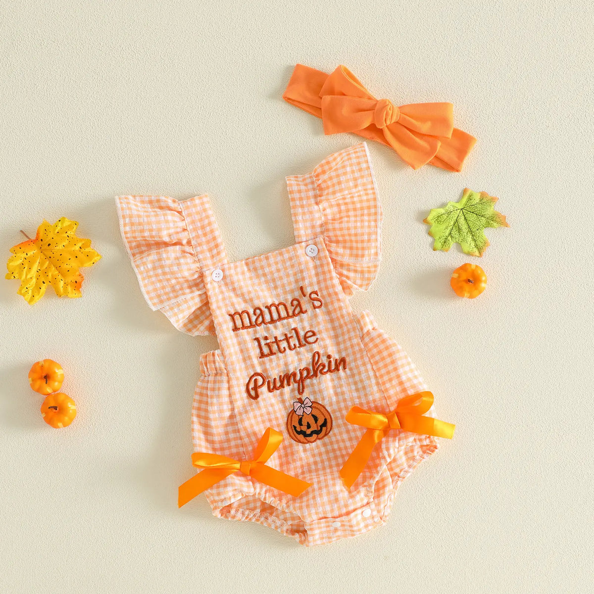 PYBCVRRD Polyester Newborn Baby Girl Halloween Bodysuit - 0-3 Months Plaid+Embroidery, Pumpkin Ghost Design, Flying Sleeves Jumpsuit with Bow Headband