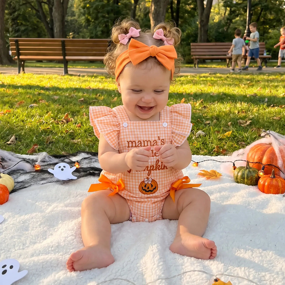 PYBCVRRD Polyester Newborn Baby Girl Halloween Bodysuit - 0-3 Months Plaid+Embroidery, Pumpkin Ghost Design, Flying Sleeves Jumpsuit with Bow Headband