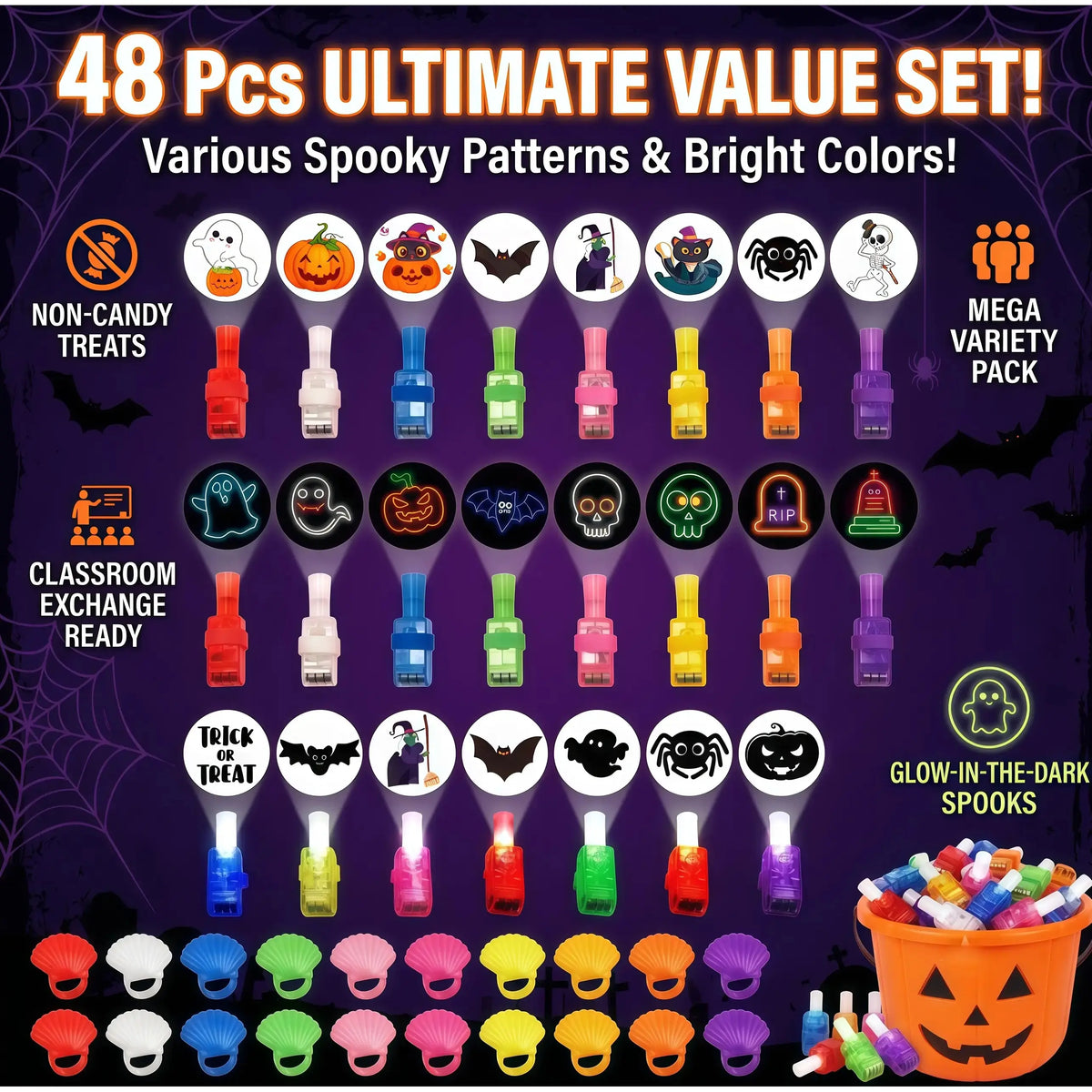 48Pc Halloween Gift Must-Have, Spooky LED Projection Glow Finger Ring Lights, Non-Candy Kids Gift, Unisex All Ages, for Halloween Trick-Or-Treat, Cosplay, Themed Party & Night Decor