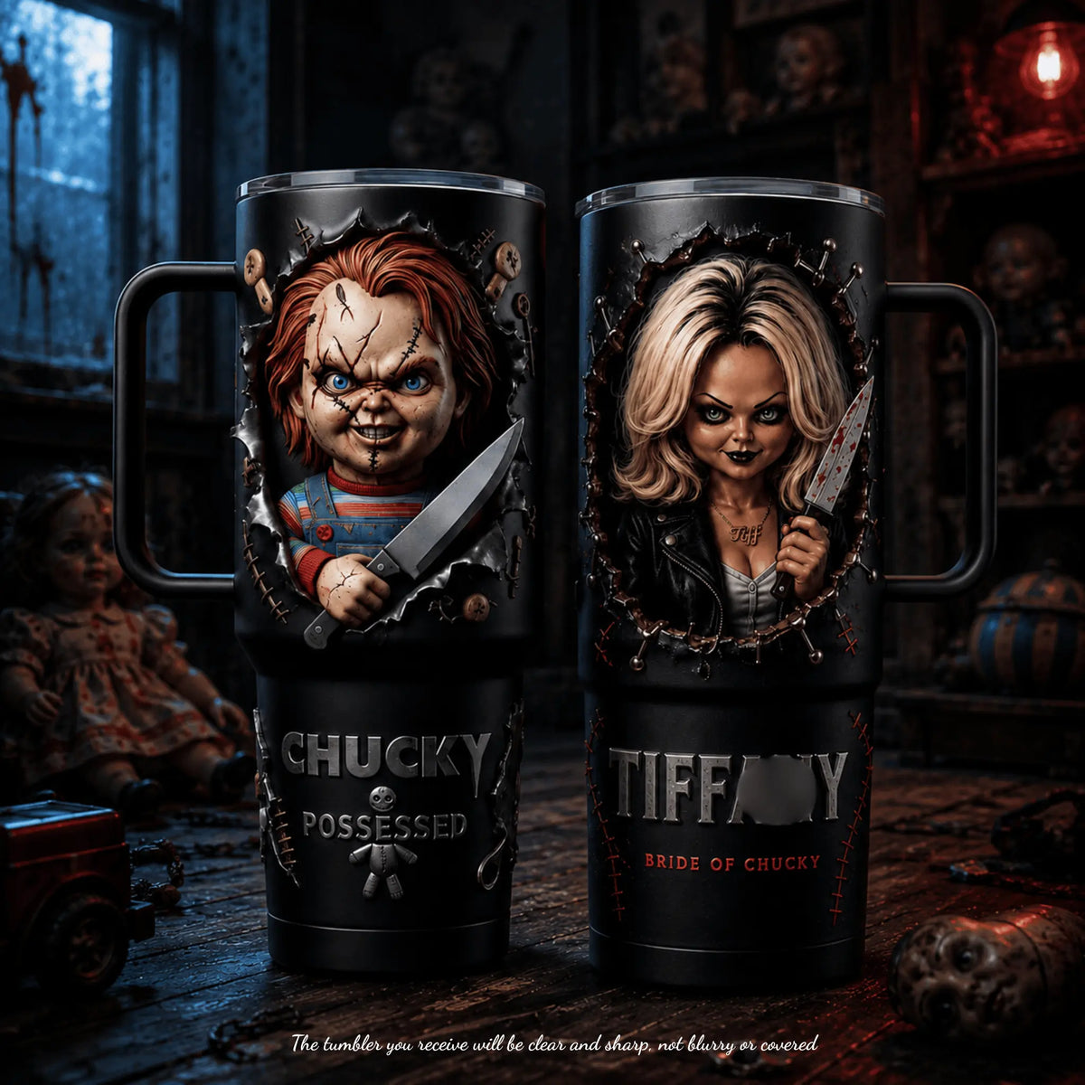 Horror Movie Couple Tumbler: Chucky & Tiff Couple Tumbler 20Oz & 40Oz, Horror Movie Matching Tumblers with Handles, Bride of Chucky Inspired Gift for Couples, Spooky Halloween Drinkware, Anniversary Gift Set