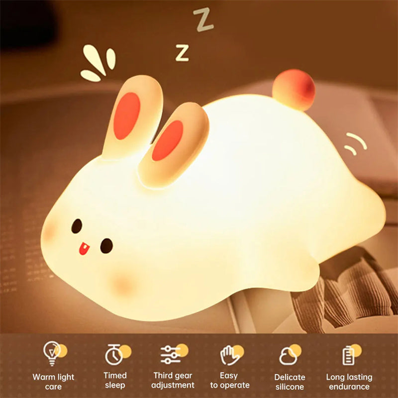 Cute LED Night Light Touch Sensor Cartoon Kid'S Nightlights Big Face Rabbit Silicone Night Light Christmas Gift Bedside Lamp Home Decor