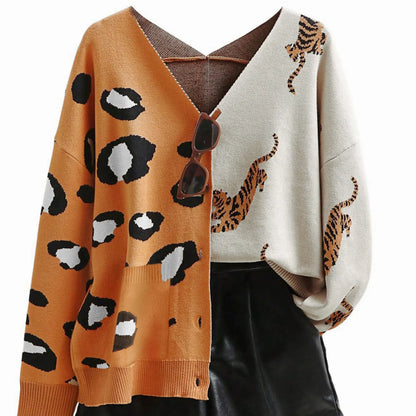 Women'S Oversized V-Neck Chunky Knit Long-Sleeve Basic Cardigan - Drop Shoulder, Button Front, Color-Block Animal Print, Soft Loose Work & Cozy Recovery Loungewear