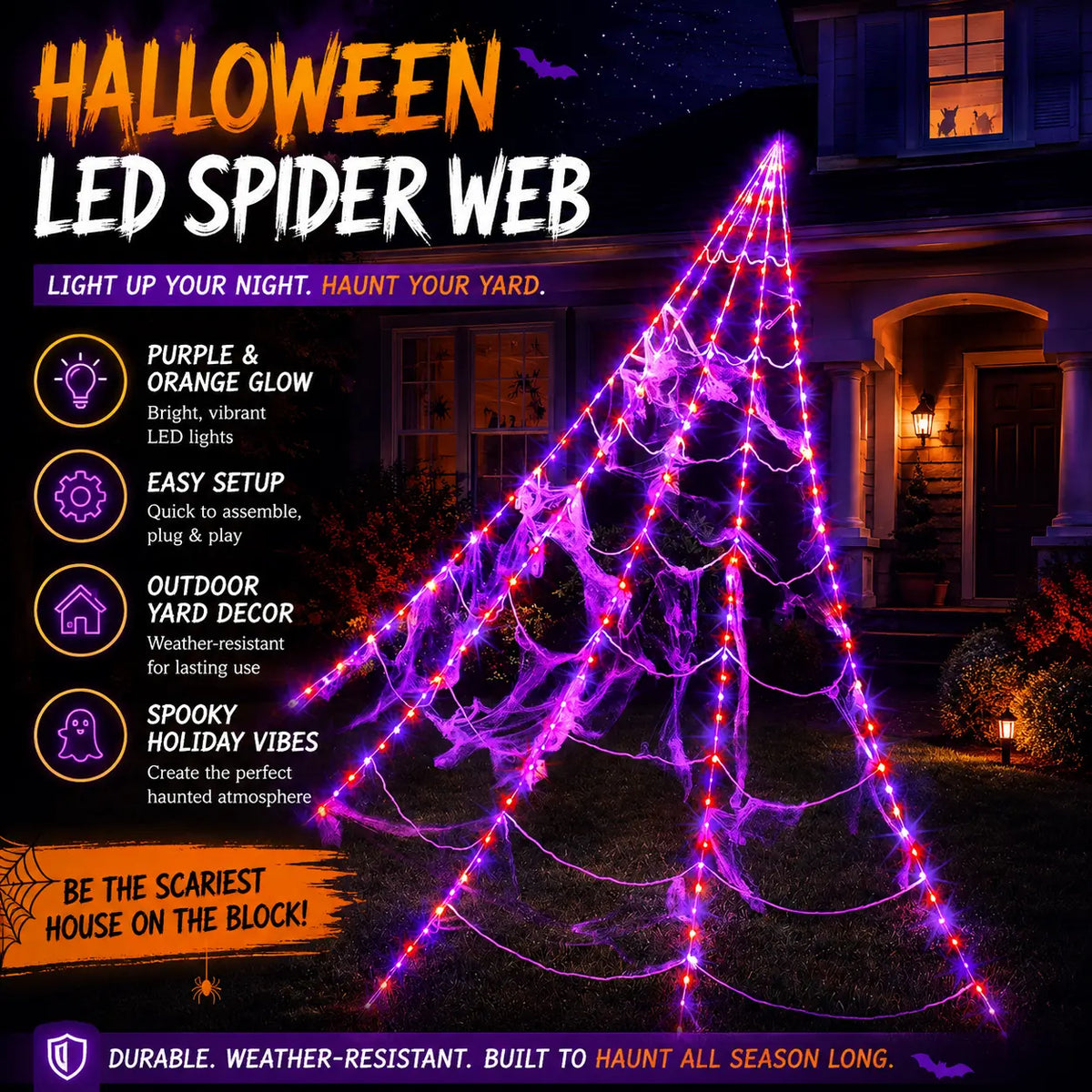 Glowing Spider Web Lights - Purple, Orange LED with Timer Function, Halloween Aesthetic Spooky Lights for Outdoor Decor, Yard, Lawn, Porch, Garden Indoor Setup