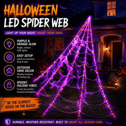 Glowing Spider Web Lights - Purple, Orange LED with Timer Function, Halloween Aesthetic Spooky Lights for Outdoor Decor, Yard, Lawn, Porch, Garden Indoor Setup