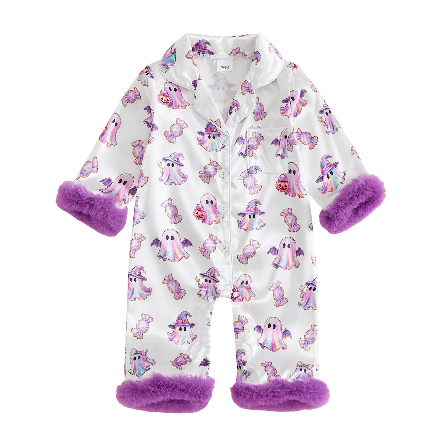 Toddler Halloween Pajamas Baby Girl Pajamas Ghost Print Feather Trim Sleeve Jumpsuit Romper Satin Nightgown Pjs Sleepwear