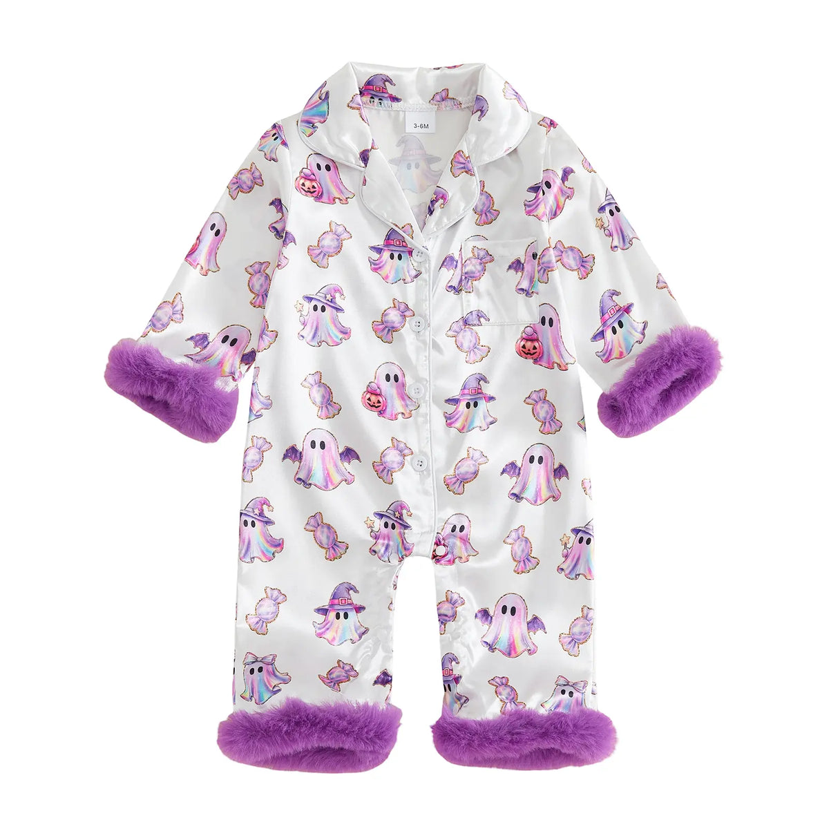 Toddler Halloween Pajamas Baby Girl Pajamas Ghost Print Feather Trim Sleeve Jumpsuit Romper Satin Nightgown Pjs Sleepwear
